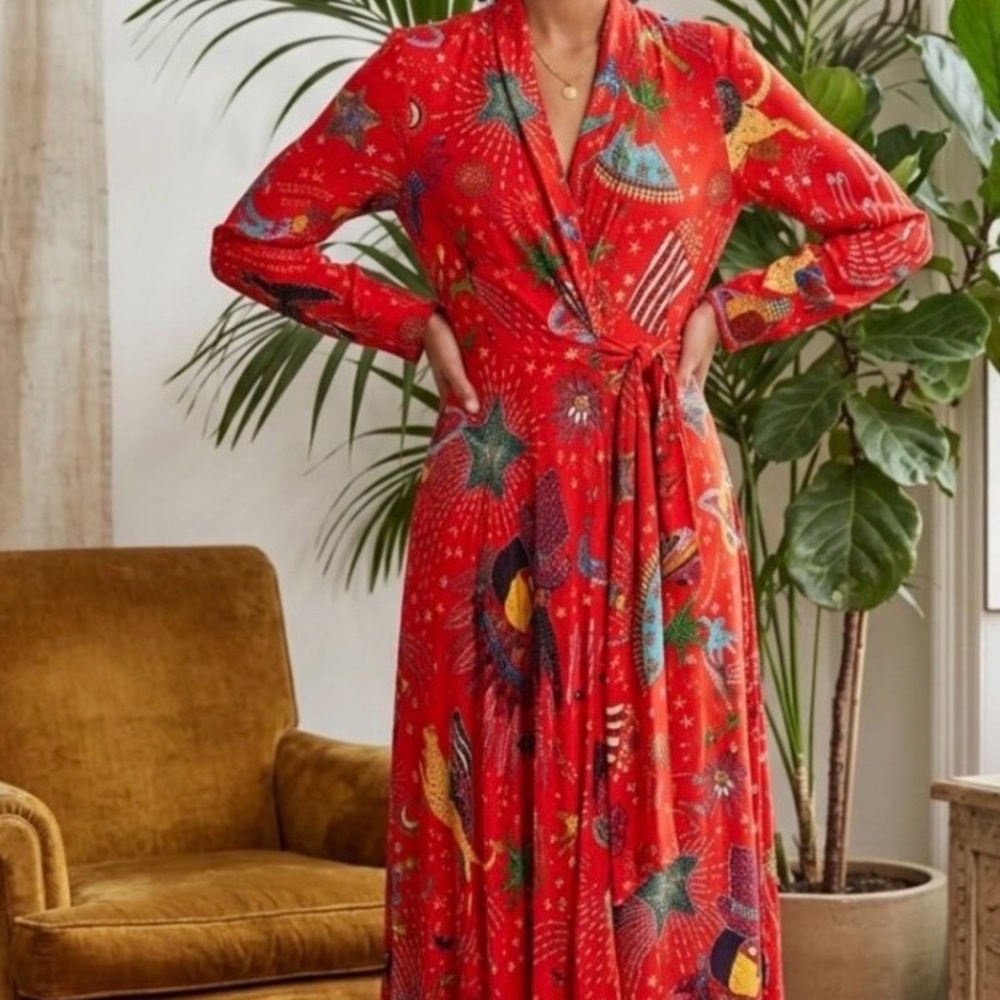 FARM Rio Red Printed Long-Sleeve Maxi Dress